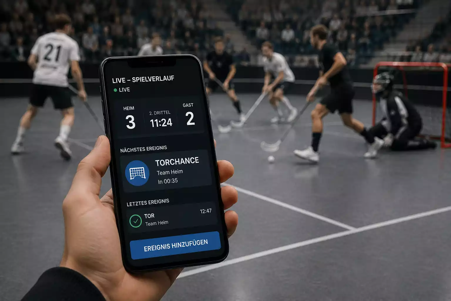 Live-Wettmarkt für das nächste Tor eines Unihockey-Spiels auf dem Smartphone