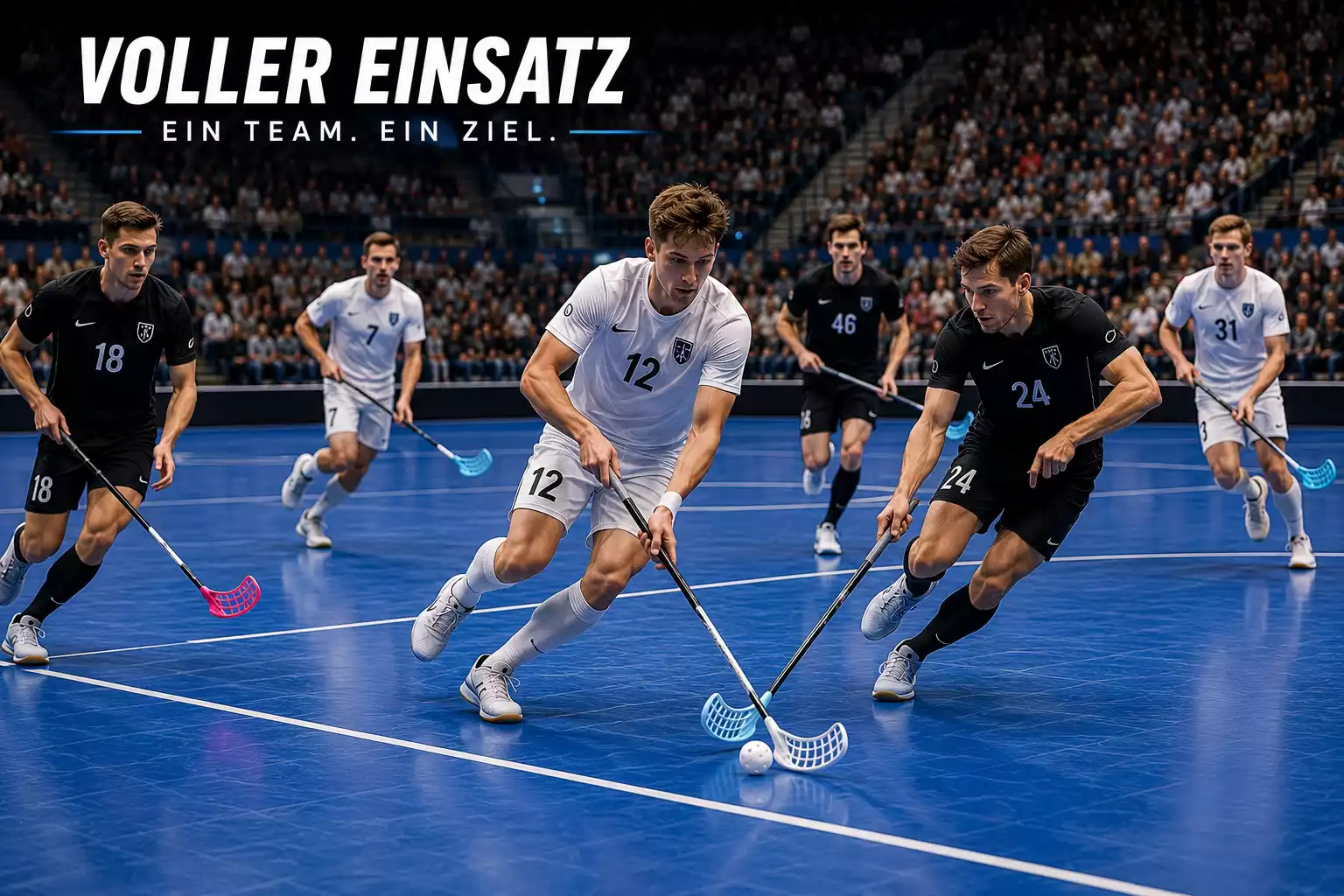 Dynamische Spielszene aus einem Spiel der Nationalliga A im Unihockey