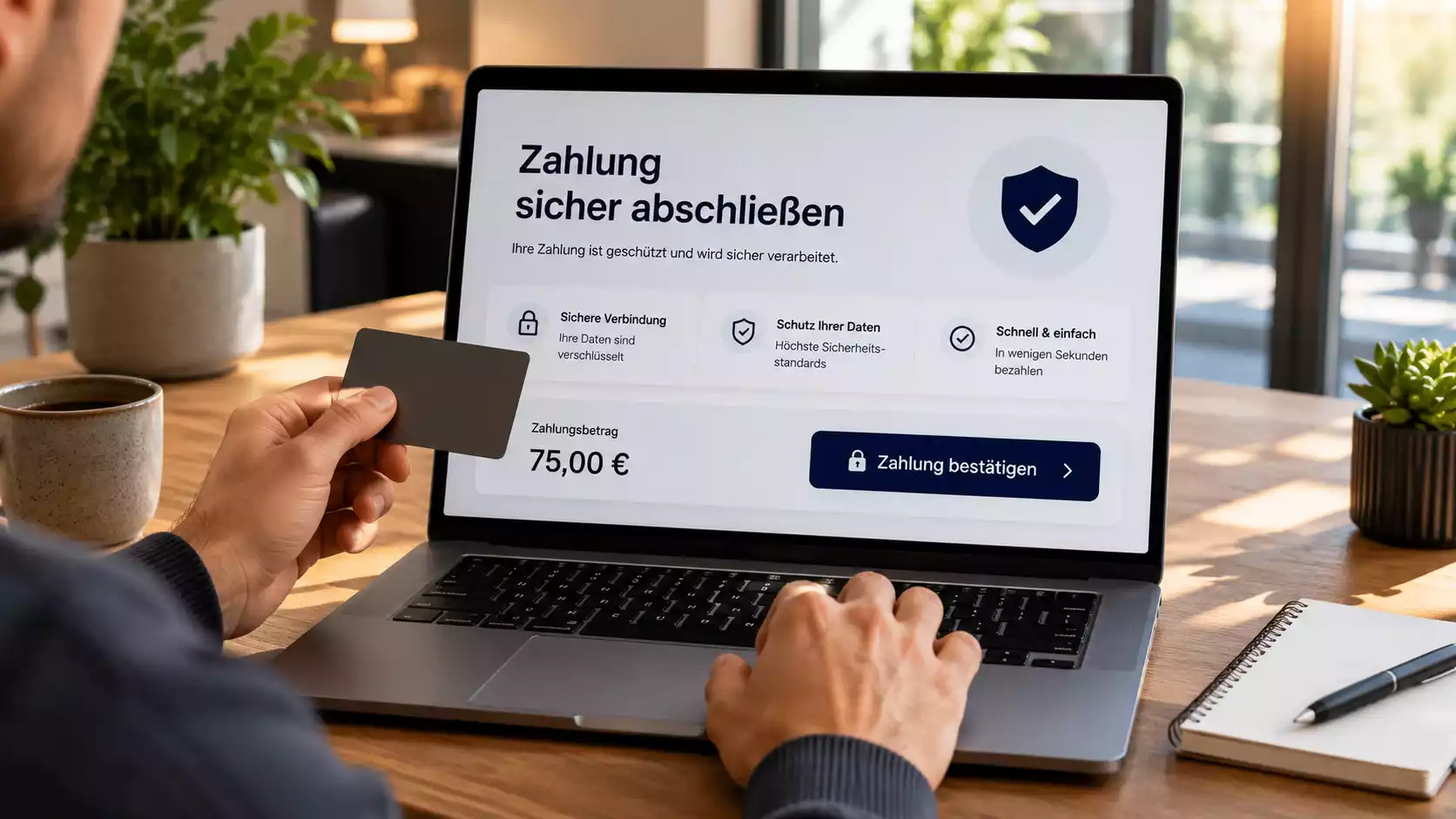 Person bezahlt online mit einer Schweizer Bankkarte am Laptop