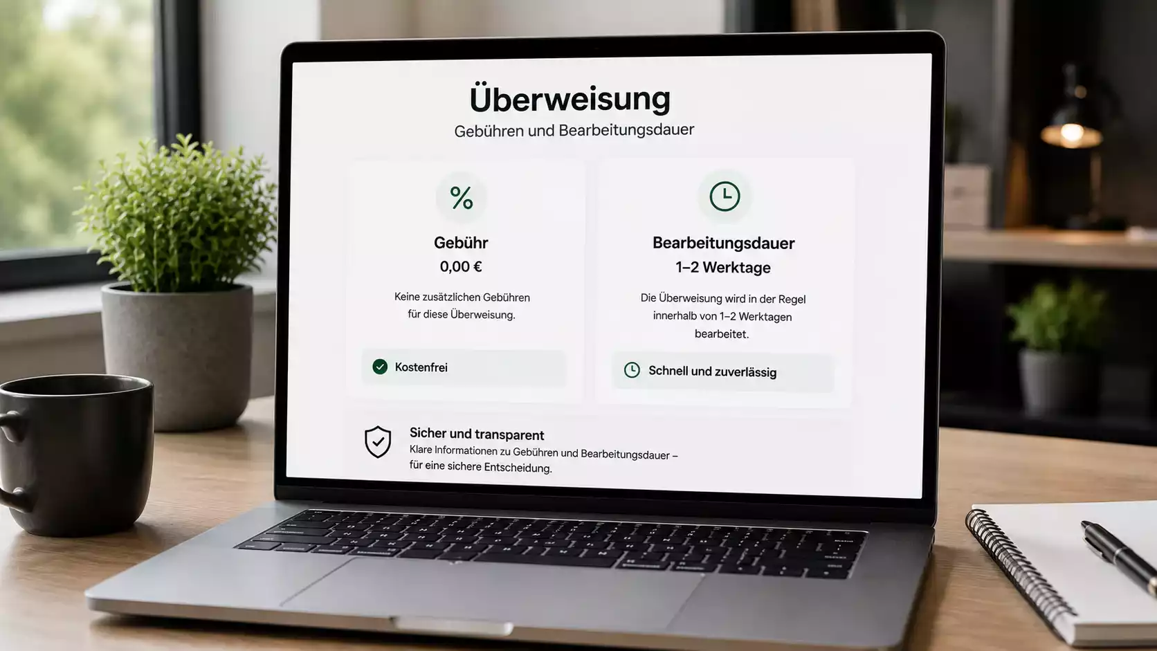 Übersicht zu Gebühren und Bearbeitungsdauer einer Banküberweisung auf dem Bildschirm