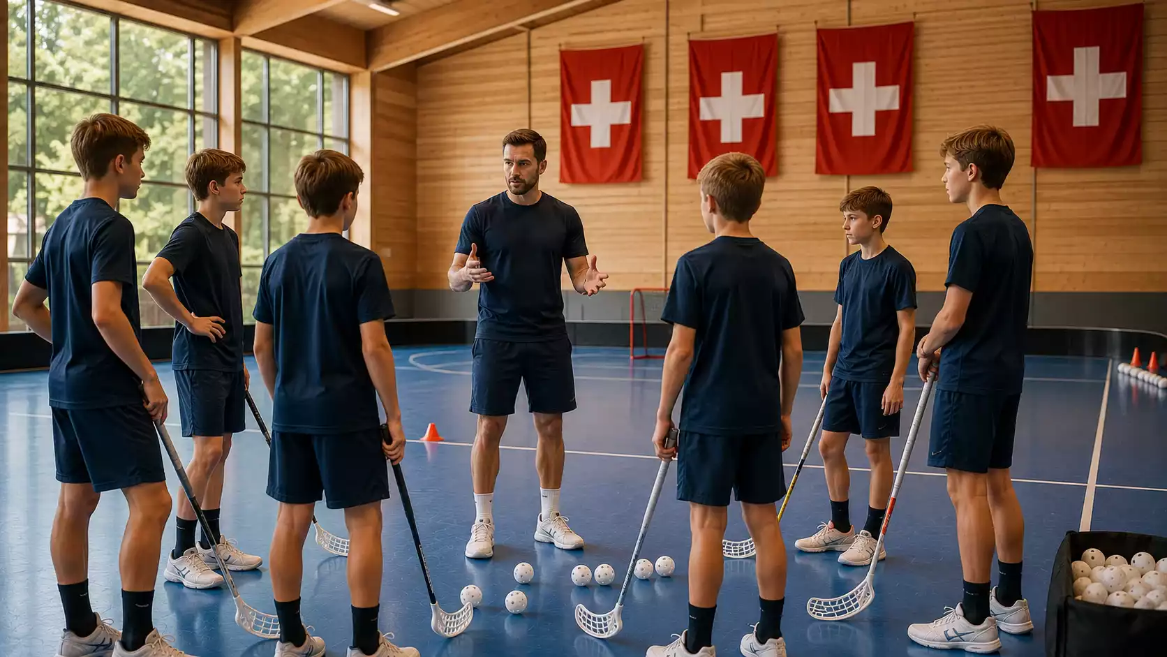 Jugendliche Unihockey-Mannschaft im Training als Symbol für die Sportförderung aus Wetterträgen