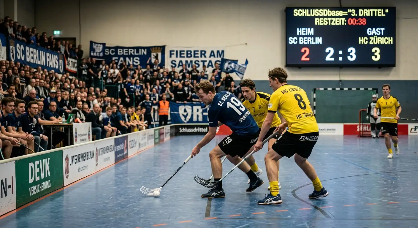 Angespanntes Schlussdrittel eines Unihockey-Spiels mit Blick auf die ablaufende Uhr