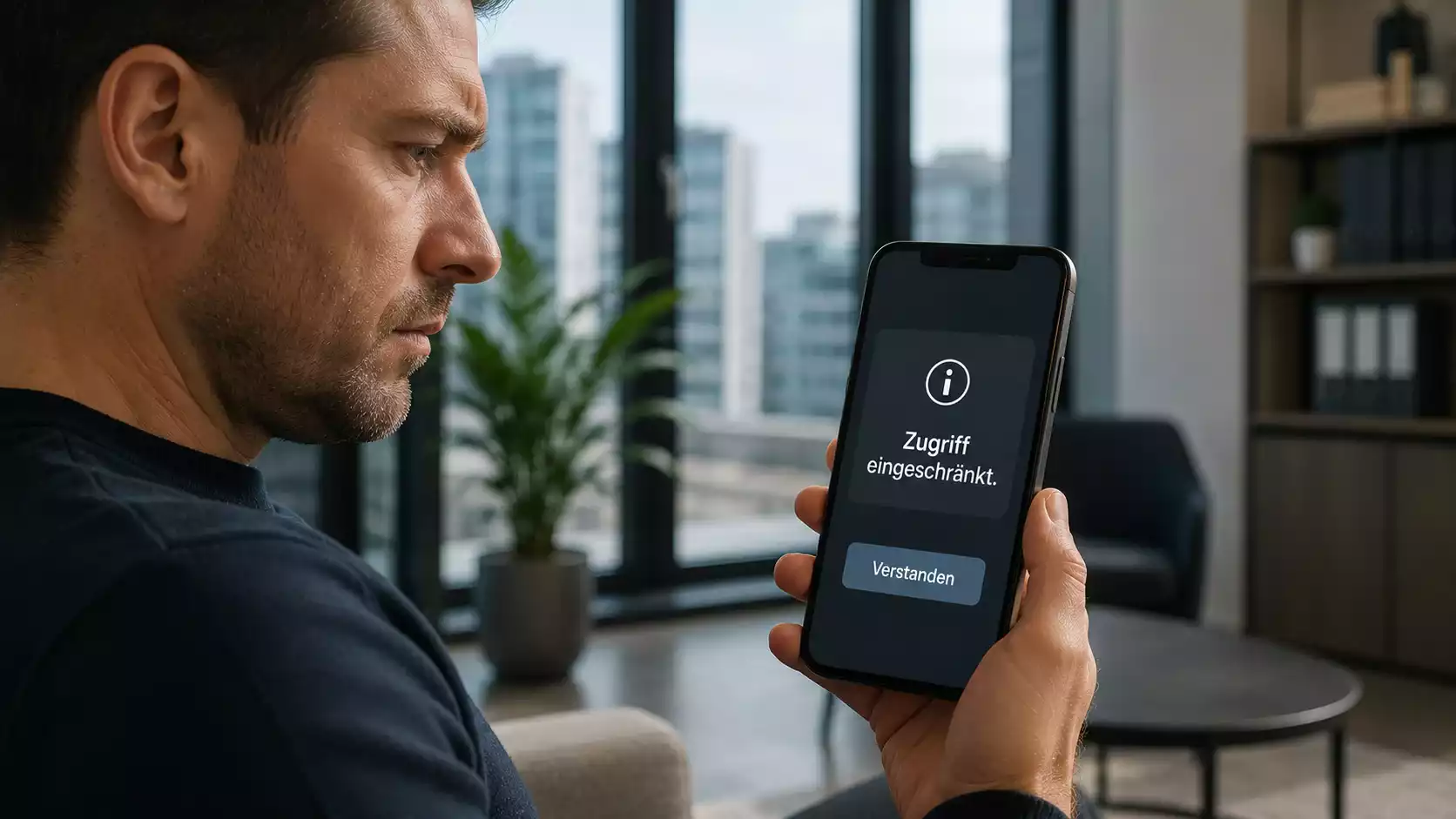Besorgter Nutzer betrachtet eine Warnung zu einem illegalen Wettangebot am Handy