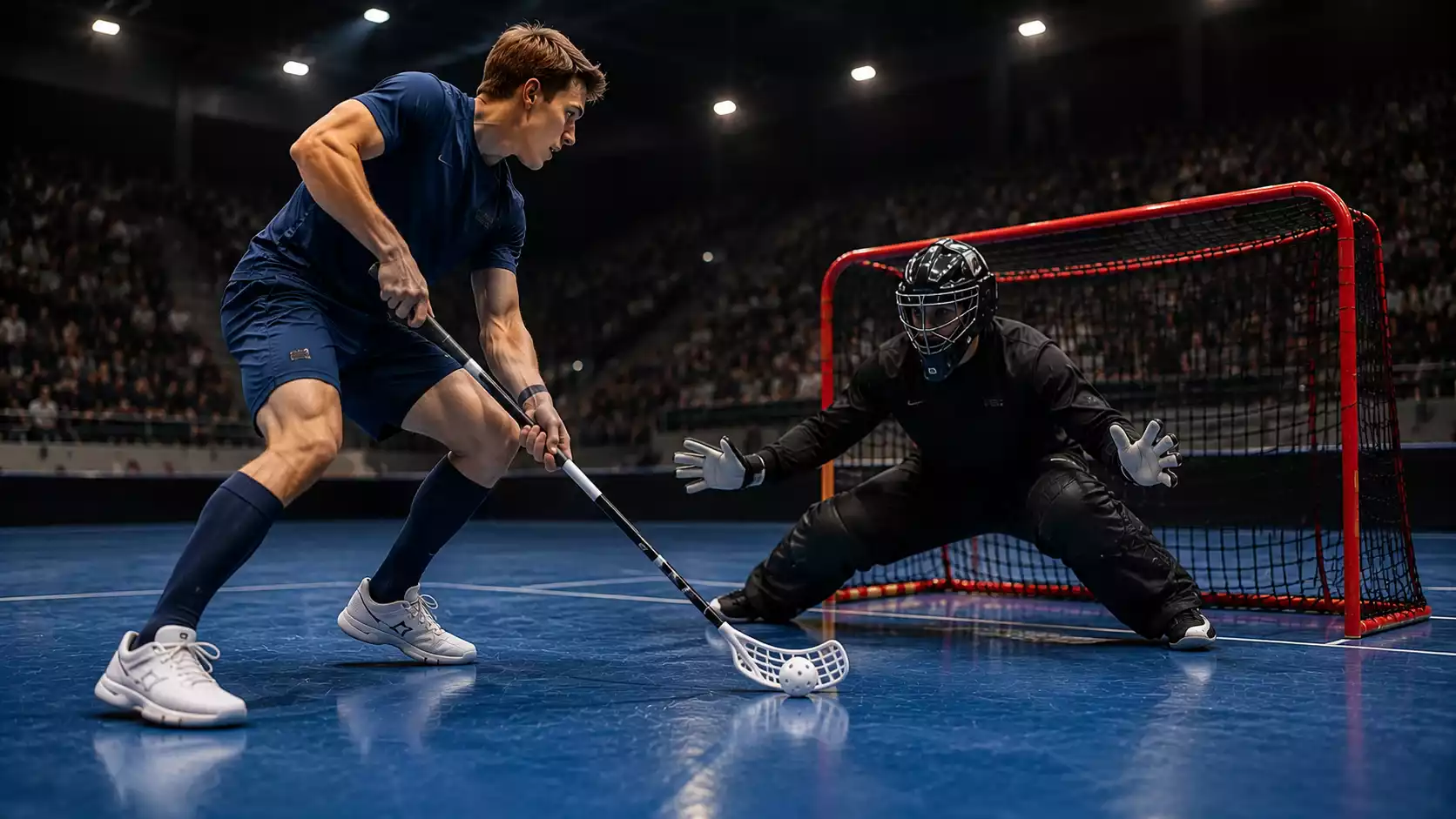 Unihockey-Spieler vor dem Penaltyschuss als Symbol für Spezialwetten wie nächstes Tor