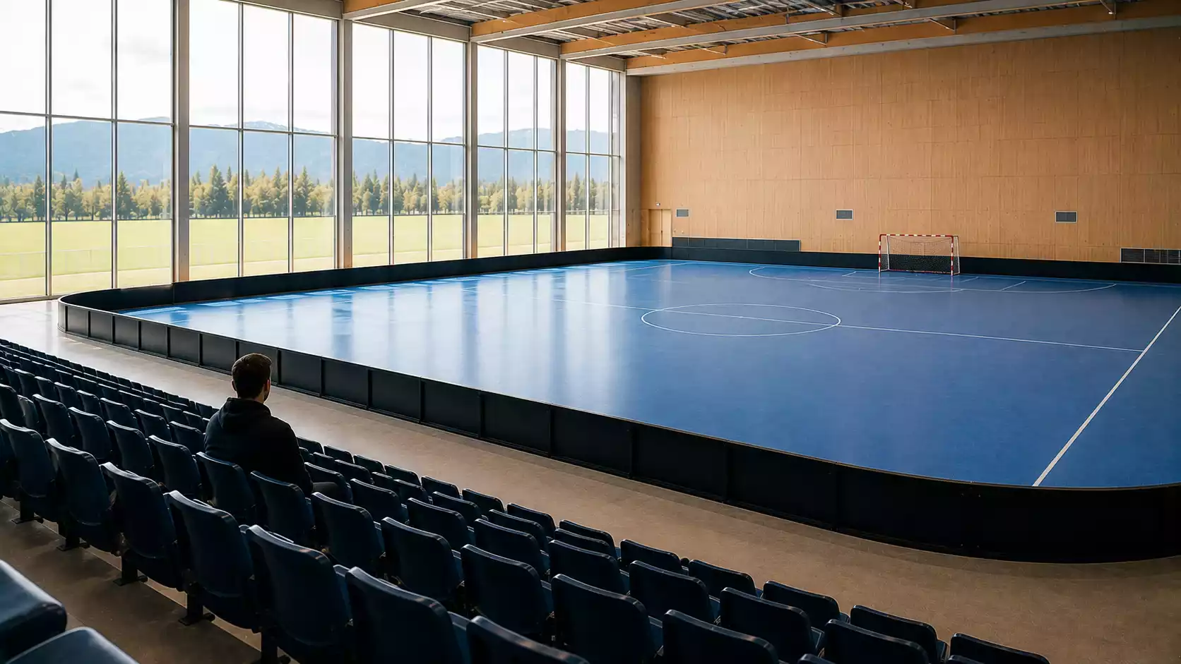 Nachdenkliche Person allein in einer Unihockey-Halle als Symbol für Spielrisiken in der Schweiz