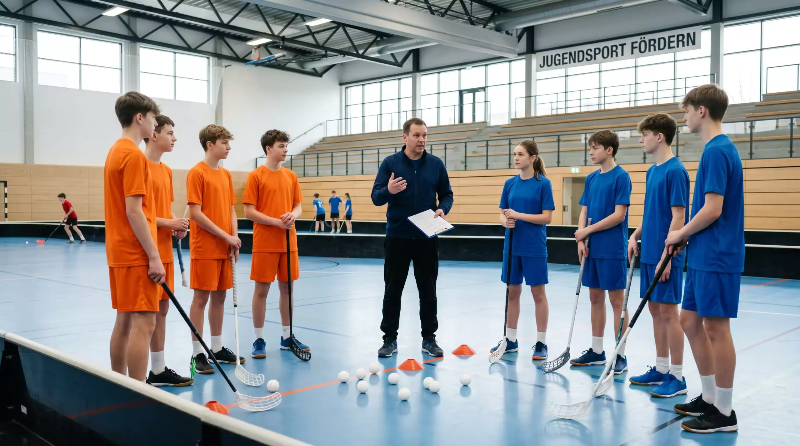 Jugendliche Unihockey-Mannschaft trainiert in einer geförderten Sporthalle