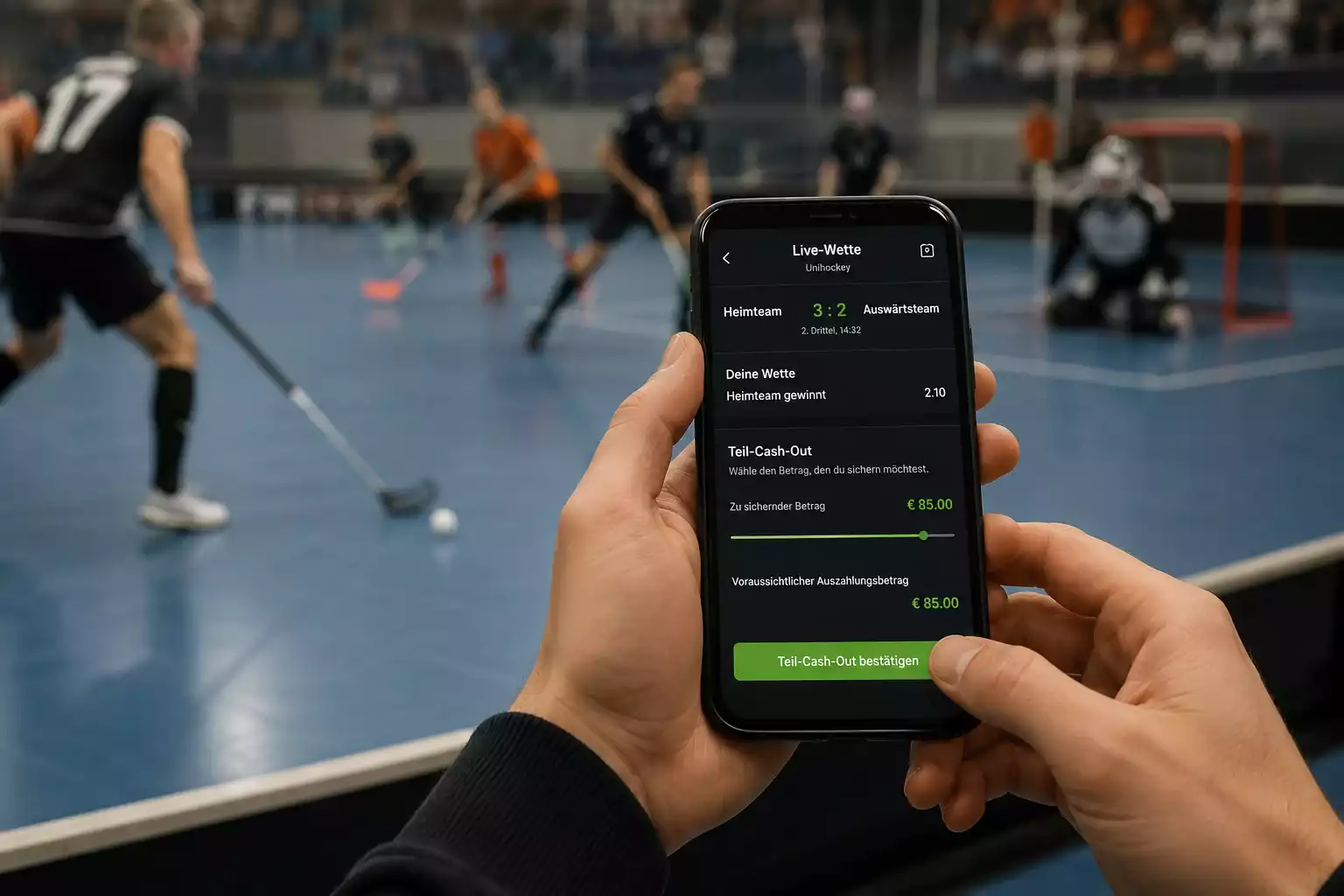 Person sichert am Handy einen Teil ihrer Wette während eines laufenden Unihockey-Spiels