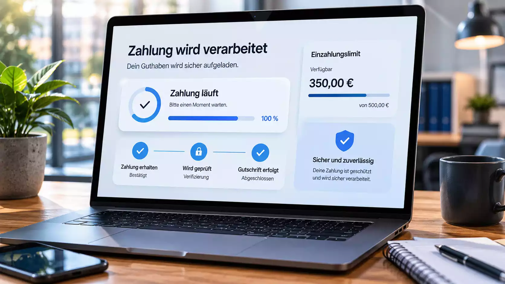 Bildschirm zeigt Einzahlungslimit und Bearbeitungsstatus einer mobilen Zahlung