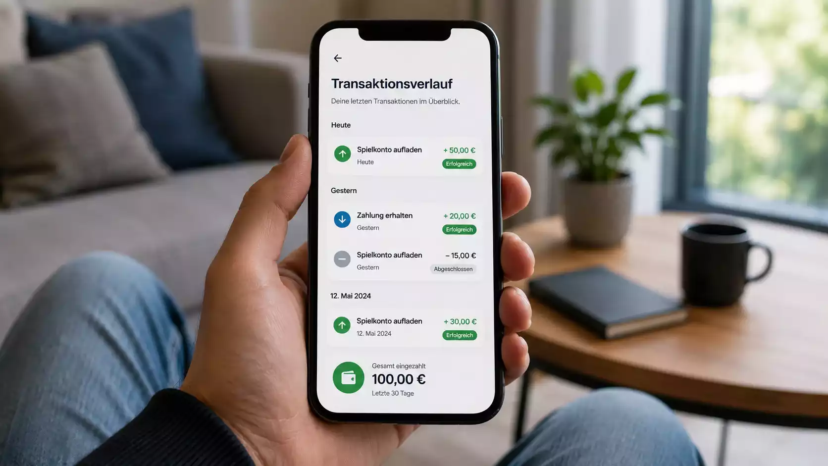 Person prüft die Transaktionsübersicht ihrer mobilen Zahlungen am Handy
