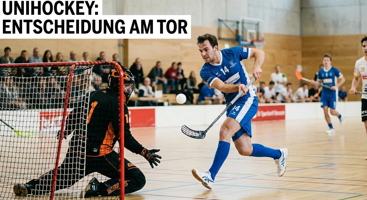 Unihockey-Stürmer zieht zum Torschuss vor dem gegnerischen Goalie ab