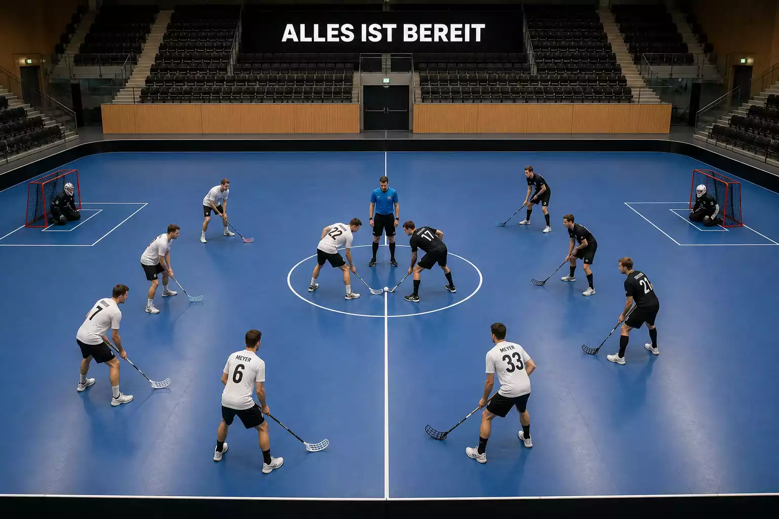 Beide Unihockey-Mannschaften stellen sich vor dem Anpfiff auf dem Spielfeld auf