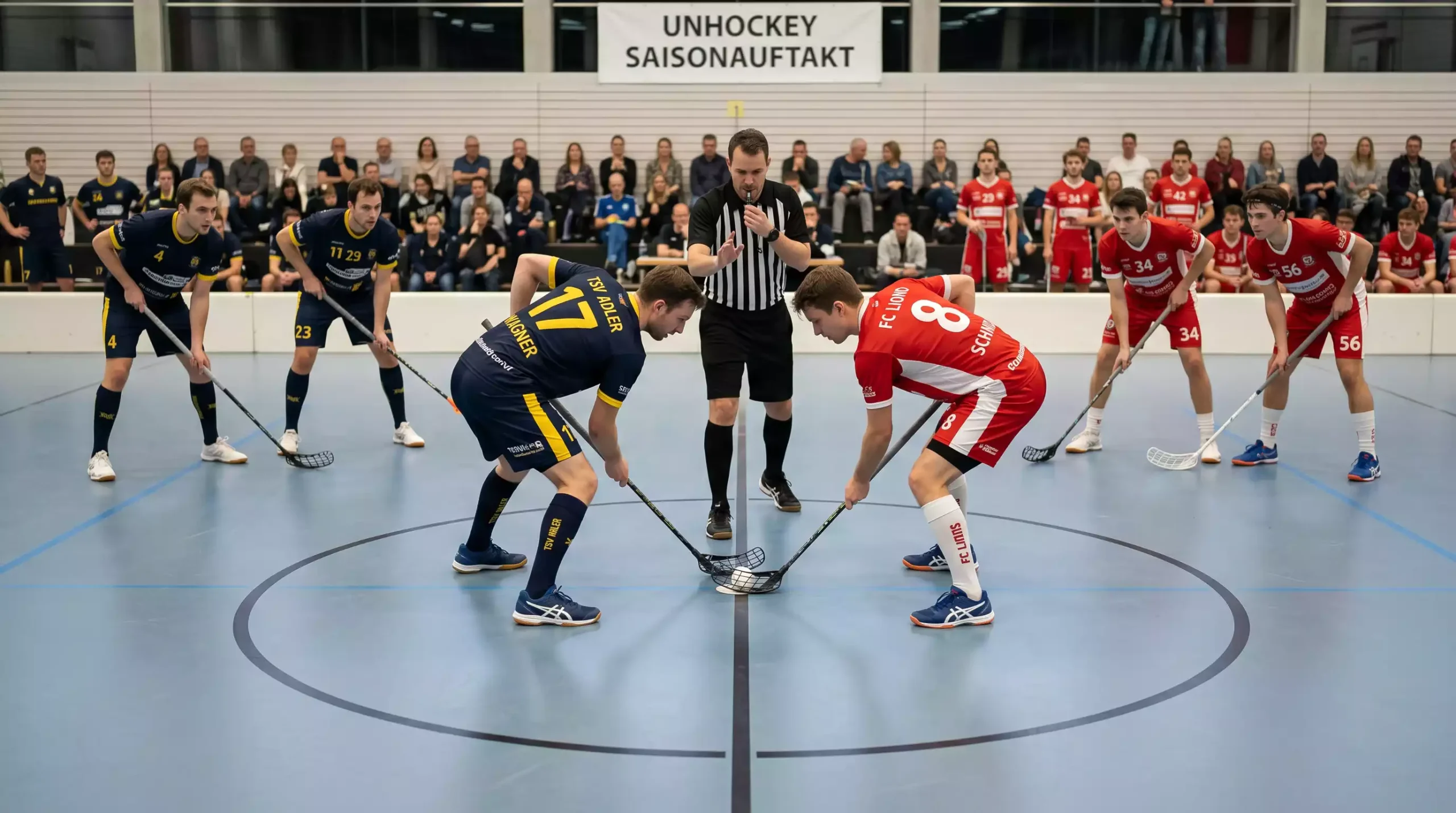 Bully zum Start des ersten Drittels in der Mitte des Unihockey-Spielfelds
