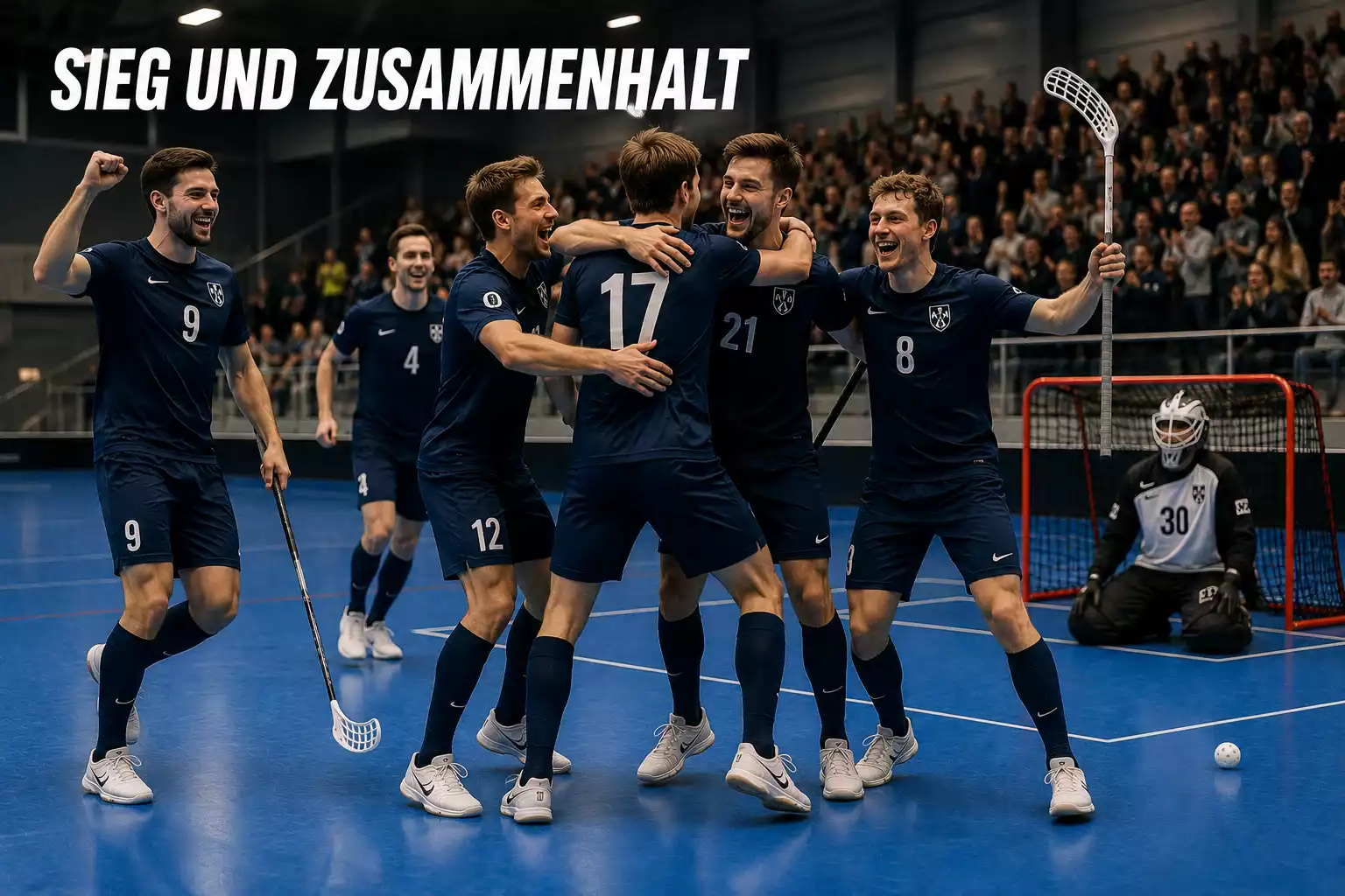 Heimmannschaft im Unihockey jubelt vor den eigenen Fans über den Sieg