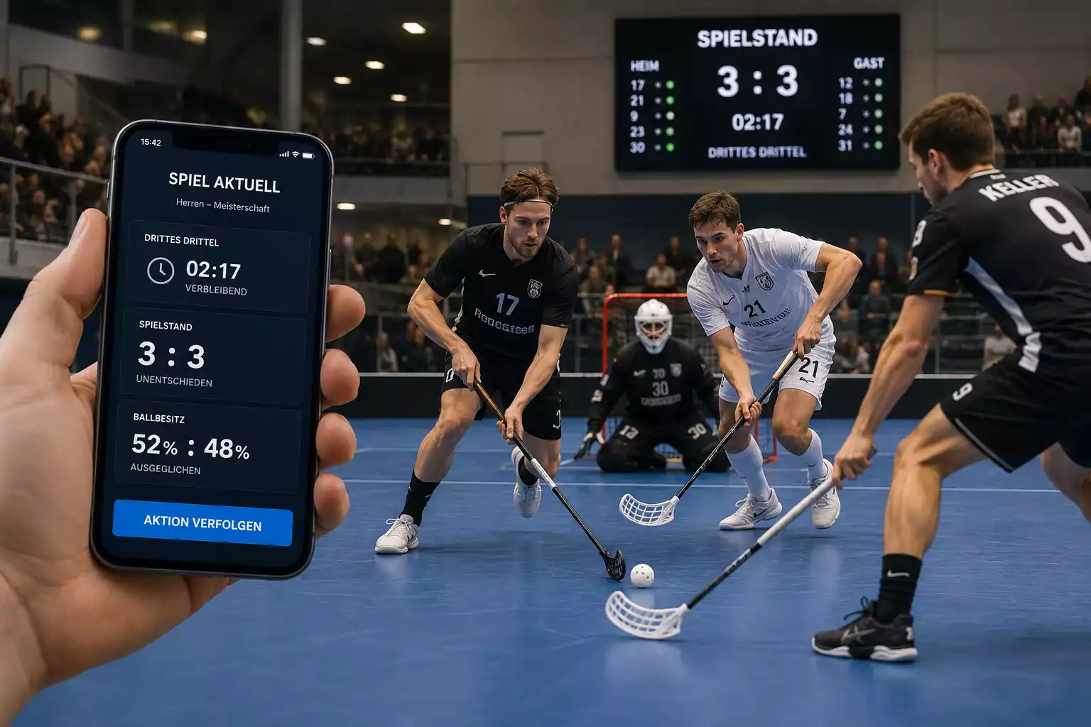 Knappe Spielszene im Unihockey, in der die Entscheidung auf der Kippe steht