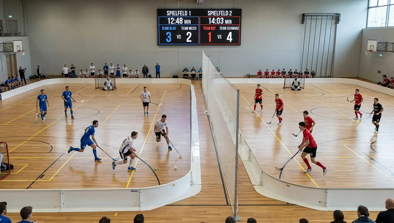 Mehrere parallel laufende Unihockey-Spiele auf einer grossen Hallenanzeige