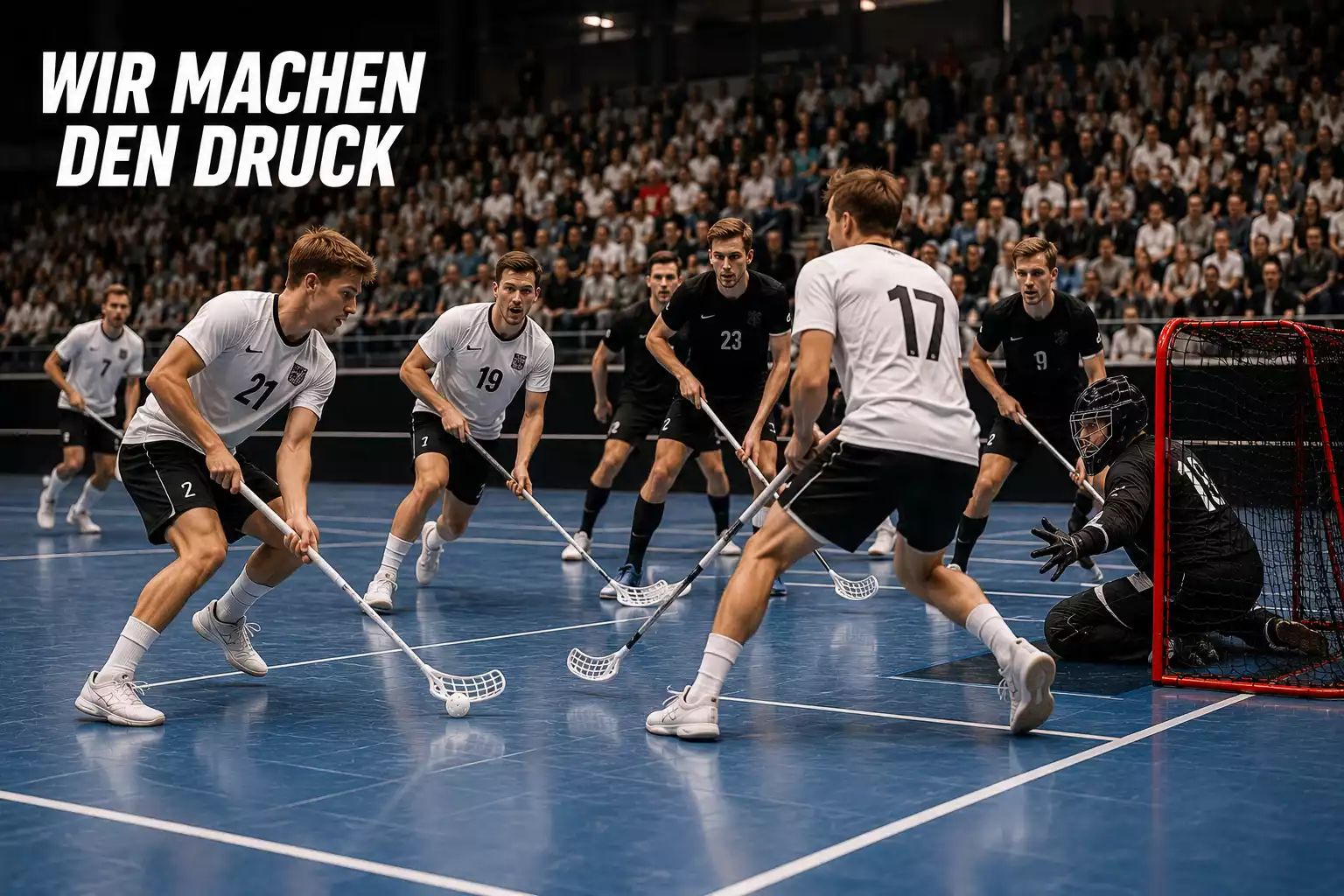 Team in Weiss drängt in einer Druckphase vehement auf den nächsten Treffer
