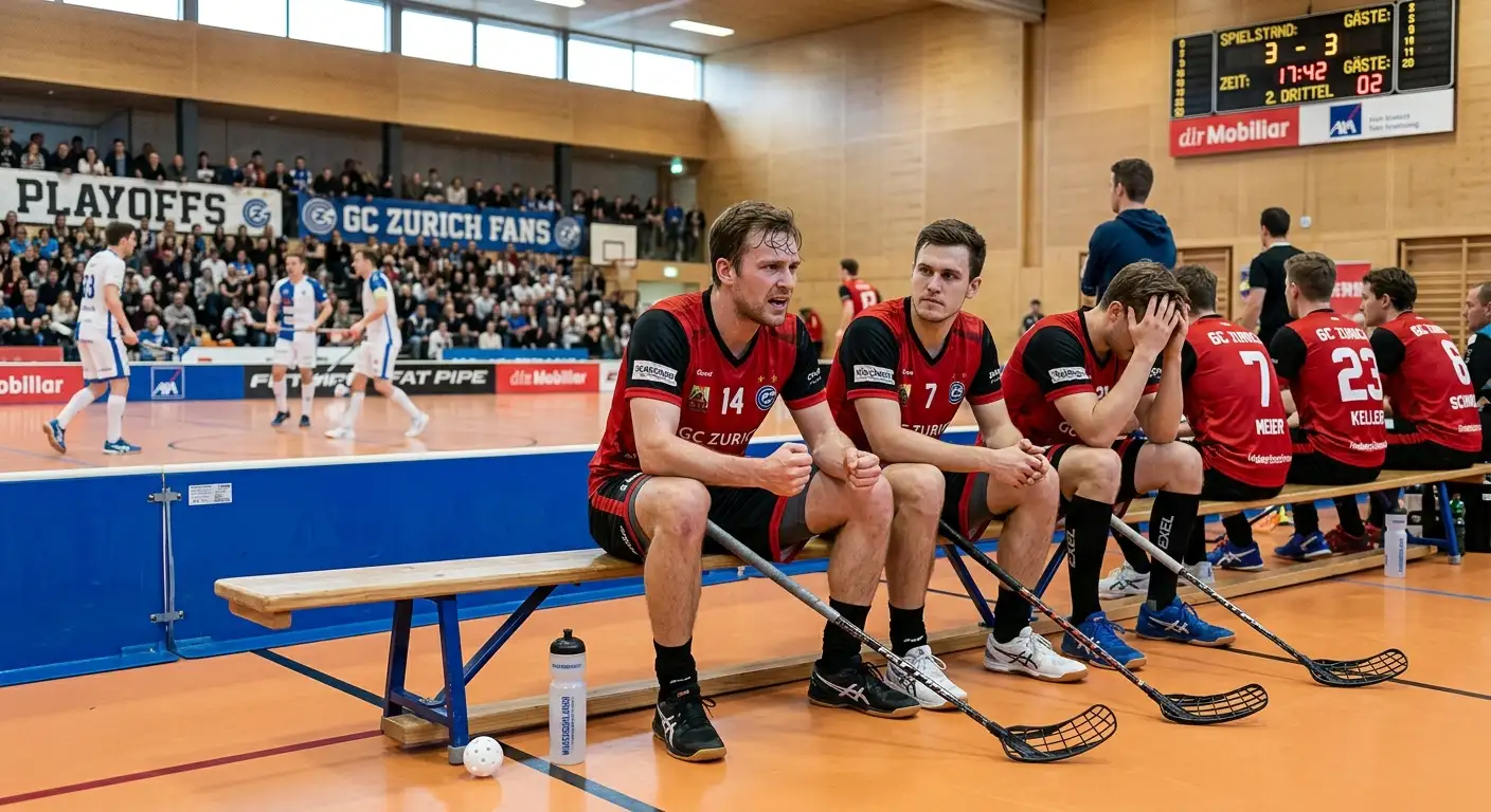 Angespannte Unihockey-Mannschaft auf der Bank während eines Playoff-Spiels
