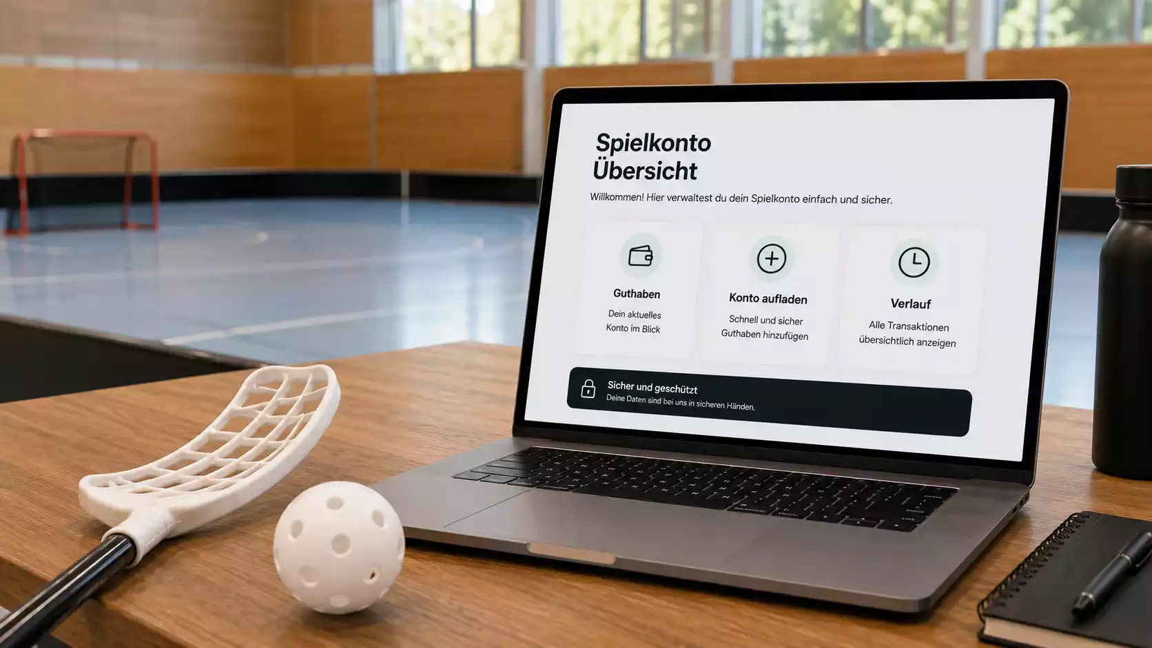Unihockey-Schläger und Ball liegen neben einem Laptop auf einem Tisch