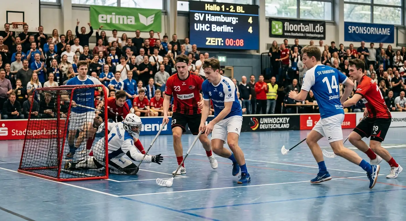 Hektische Schlussphase eines Unihockey-Spiels mit beiden Teams in der Offensive