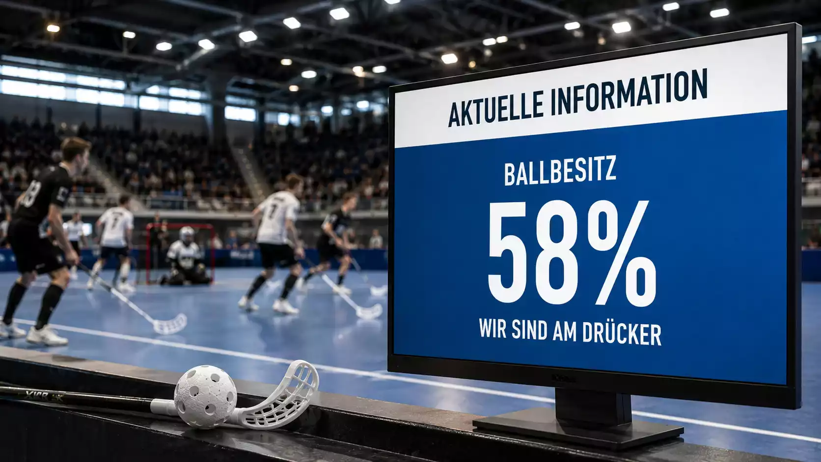 Quote zu einem laufenden Unihockey-Spiel auf einem Monitor