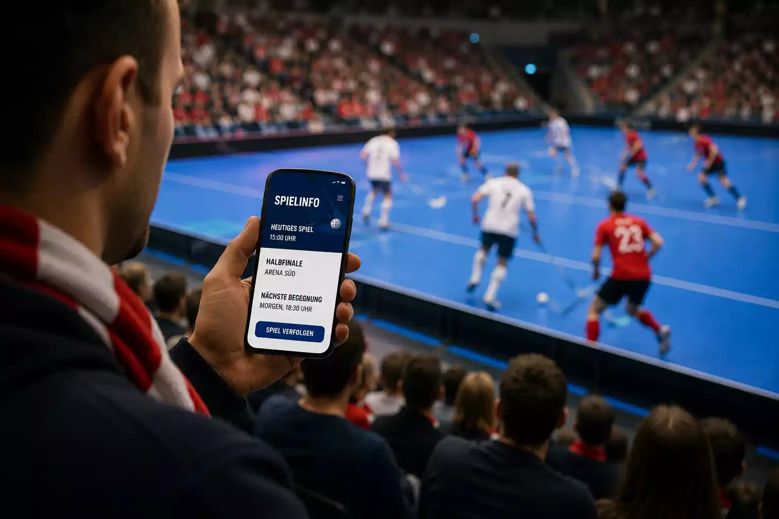 Zuschauer verfolgt am Handy ein laufendes Unihockey-Spiel in der Halle