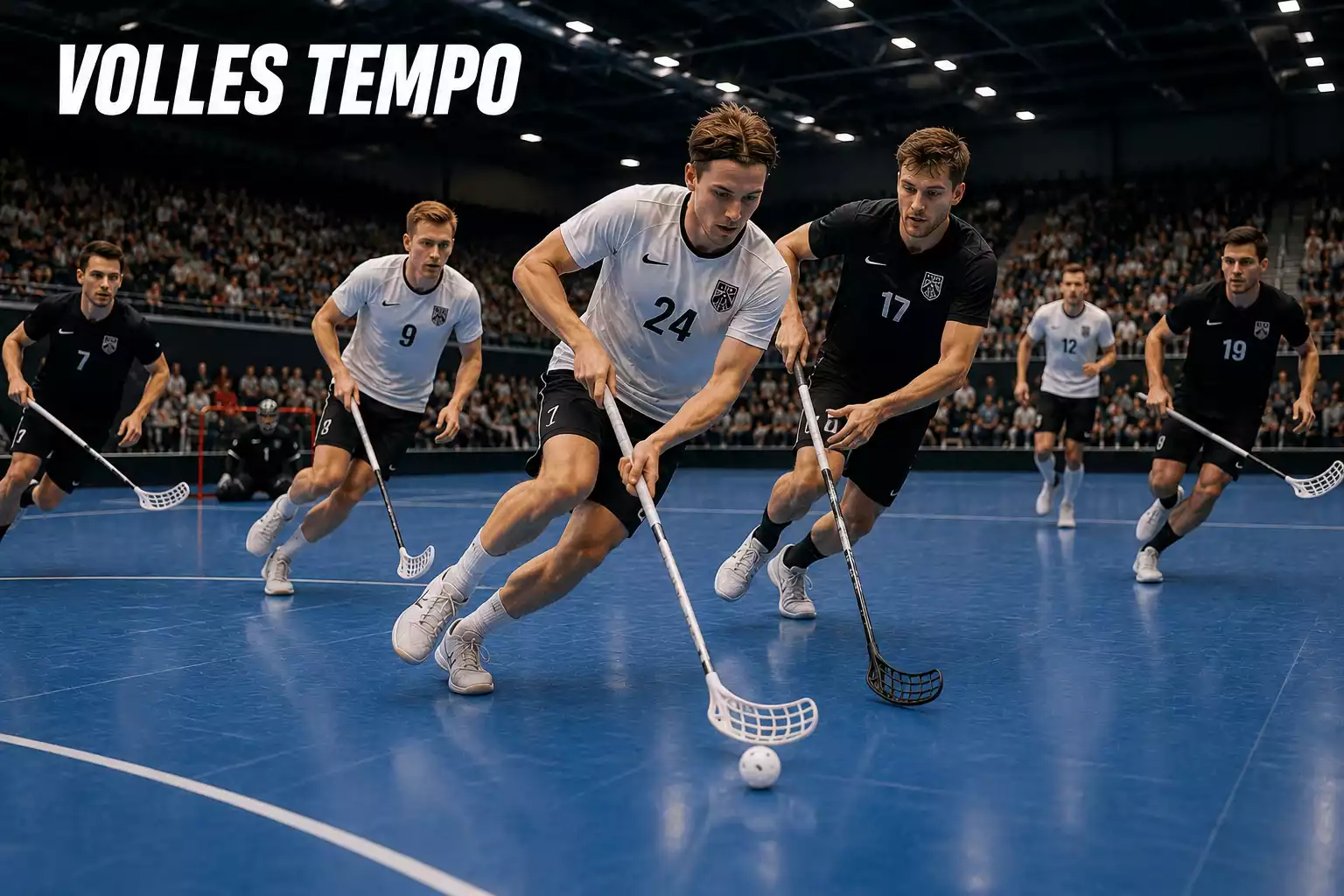 Schnelles Tempospiel im Unihockey mit Spielern in vollem Lauf