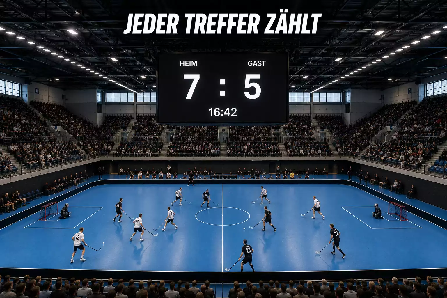 Aktueller Spielstand eines torreichen Unihockey-Spiels auf der Hallenanzeige
