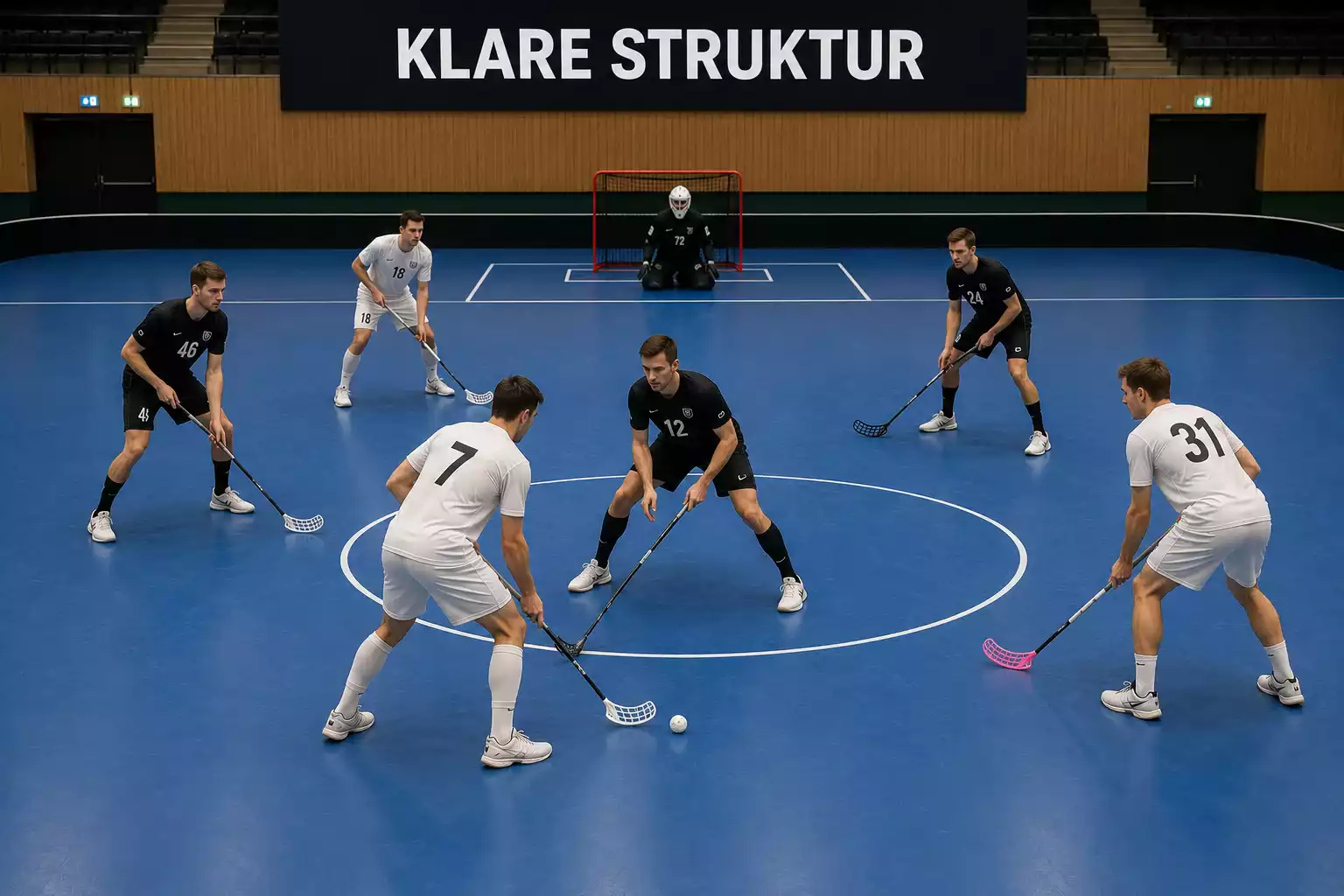 Taktisch geordnete Spielsituation im Unihockey mit klarer Formation beider Teams