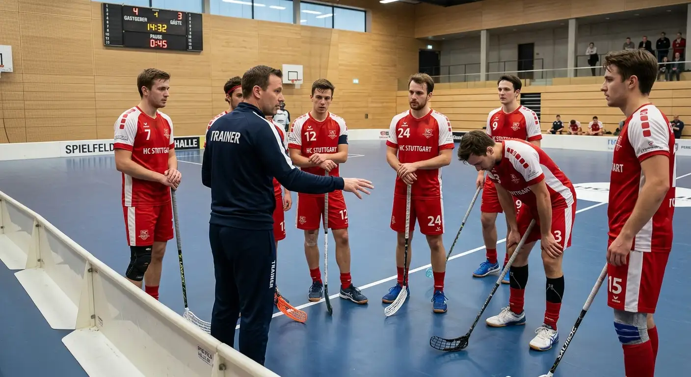 Trainer bespricht während eines Timeouts die Taktik mit seiner Unihockey-Mannschaft