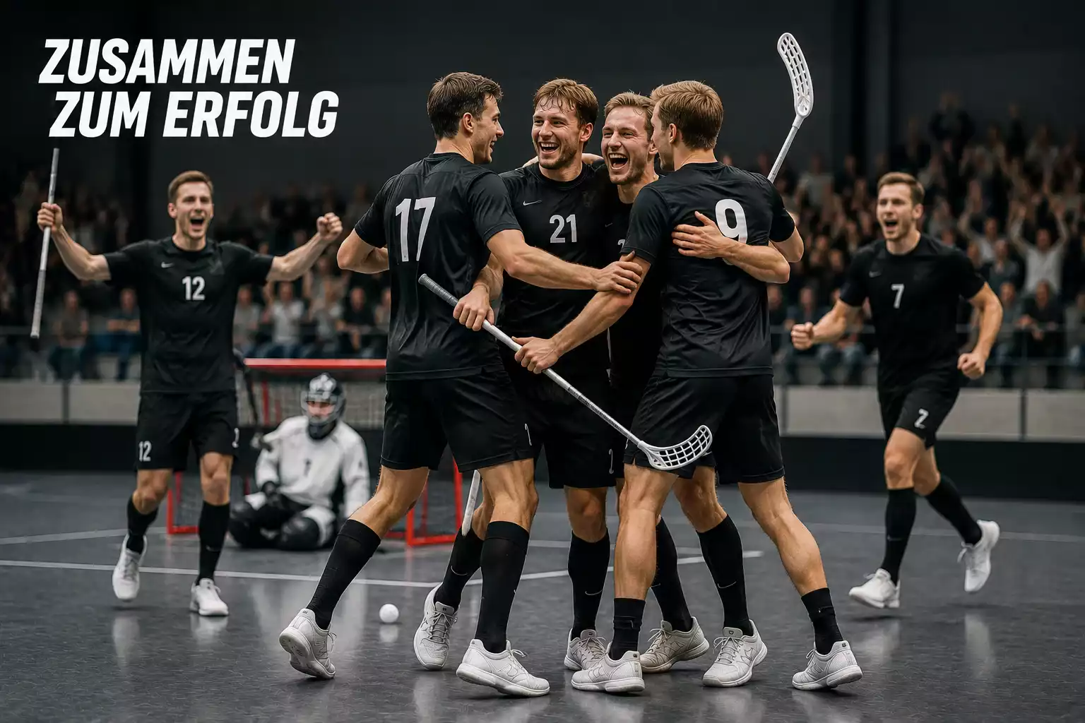 Unihockey-Mannschaft feiert gemeinsam einen erzielten Treffer auf dem Spielfeld