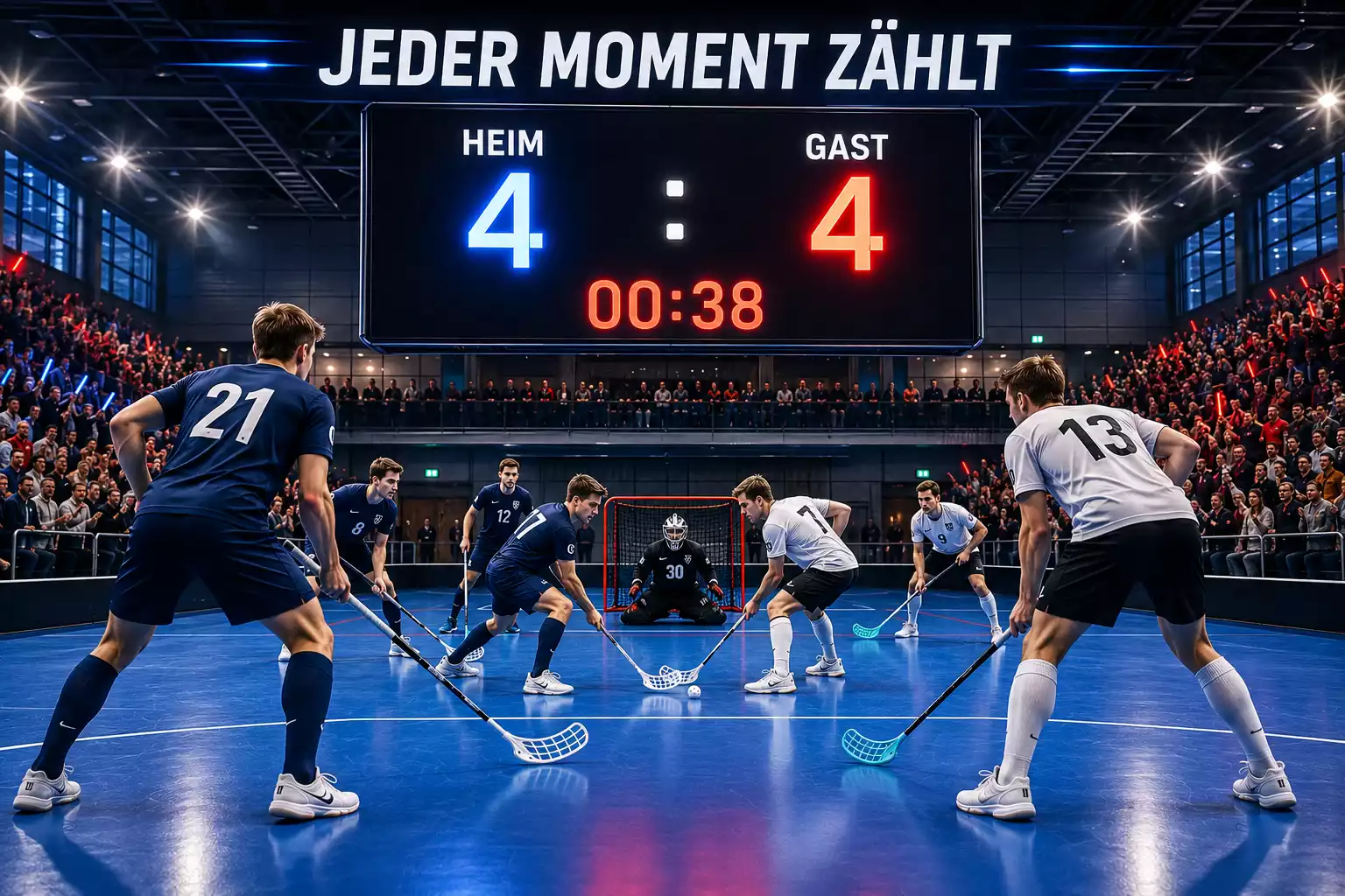 Ausgeglichener Spielstand kurz vor Schluss eines engen Unihockey-Spiels auf der Anzeige