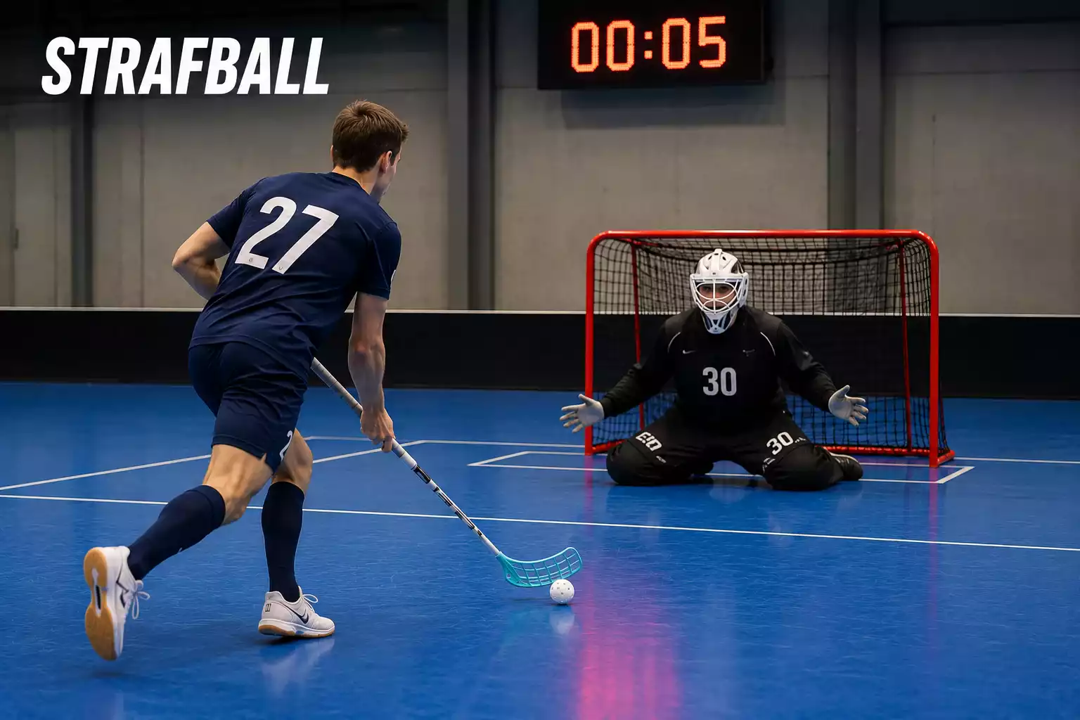 Penaltyschütze läuft im Unihockey allein auf den Torhüter zu