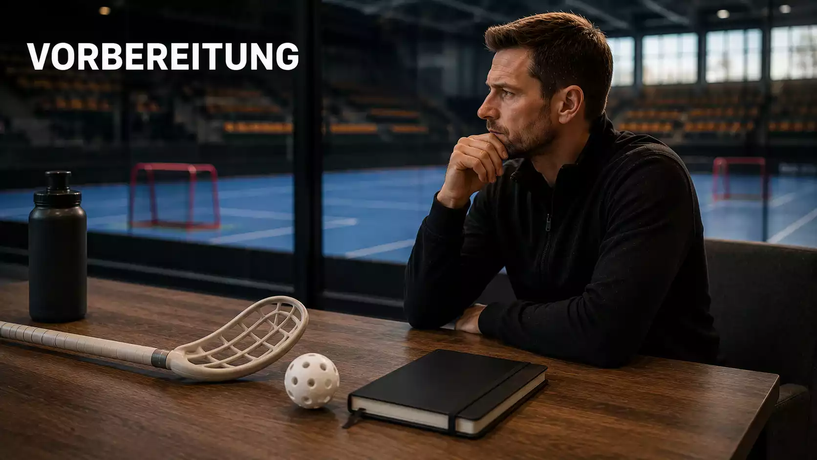 Ruhige Planung einer Unihockey-Wette neben einem Schläger auf dem Tisch