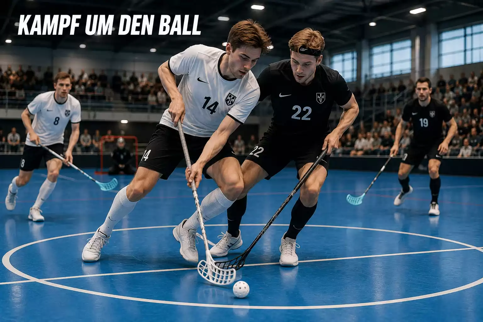 Zwei Unihockey-Teams im harten Zweikampf um den Ball in der Spielfeldmitte