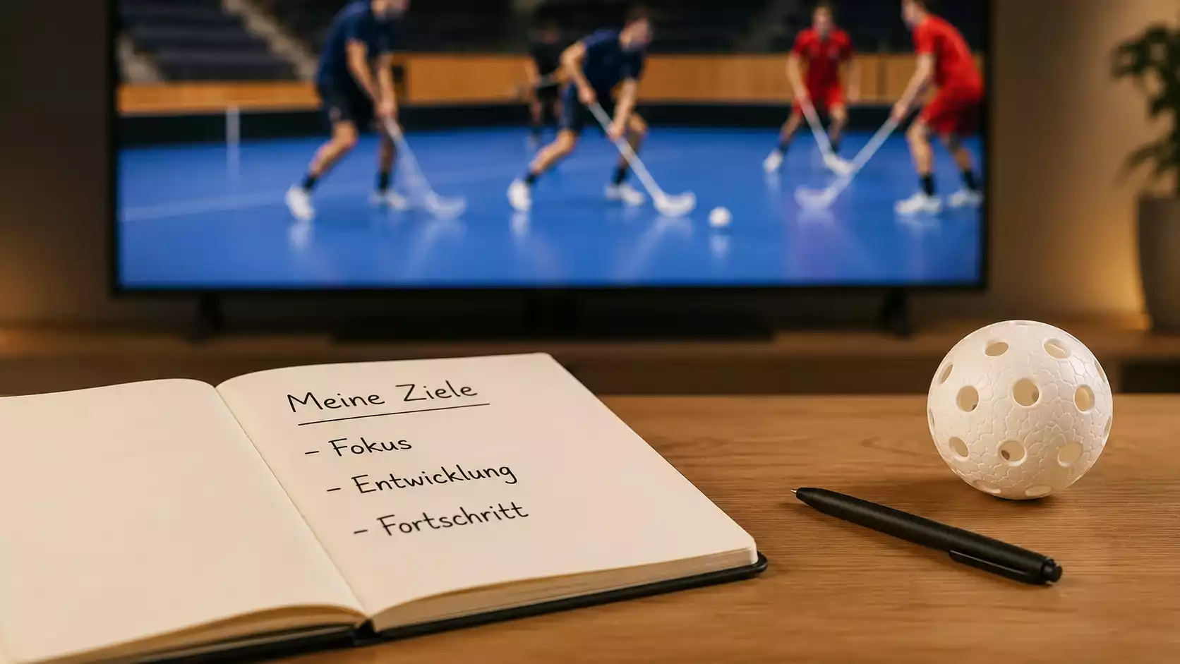 Notizbuch mit handschriftlichen Wett-Einschätzungen neben einer laufenden Unihockey-Partie