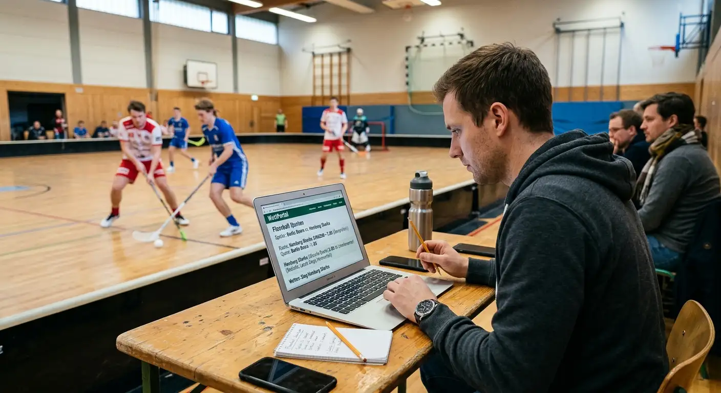 Wettender prüft am Bildschirm, ob eine Floorball-Quote unterbewertet ist